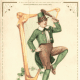 Saint Patricks Day cards: Irish lad dancing on shamrocks in front of a harp &quot;St. Patrick's Day Greetings&quot;
