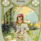 Vintage Easter card cute kid with lamb and large basket of Easter eggs
