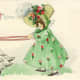 Vintage little girl in green dress and bonnet walking a white goose