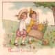 Vintage Easter cards: Two cute kids carrying an Easter bunny and pushing a wheelbarrow filled with spring flowers