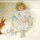 Vintage Easter cards: Little girl in a white, frilly dress with an Eater bunny and a baby chick