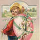 Vintage cute kid Easter card: little boy with pink egg and flowers