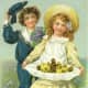 Two cute kids carrying baby chicks vintage Easter card