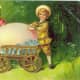 Two cute kids with a giant  Easter egg in a golden pull cart