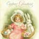 Vintage Easter card: Little girl in pink with white bonnet, Easter bunny and Easter baskets