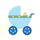 Image of a baby boy peaking out of a blue carriage.