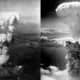 Left) Hiroshima bomb, smoke and explosion. Right) Nagasaki explosion.
