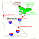 Map of parks and forests in Northern Minnesota . The parks are: Superior National Forest, Voyageurs National Park and the Boundary Waters Canoe Area. 