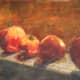 Watercolor Tomatoes on Window painting with oil paint antiquing wash over it.