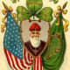 Irish and American flags with picture of St. Patrick