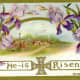 Purple flowers, country scene and cross &quot;He is Risen&quot;