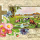 Cross with country scene, flowers vintage religious Easter card