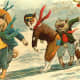 Free vintage animal holiday card -- dogs slipping on winter ice