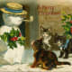 Vintage animal holiday card -- cats with snowman