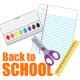 Back to school clip art: paint box, scissors, lined notebook paper, ruler