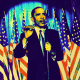 Barack Obama clip art -- speaking in front of bank of American flags