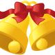 Two golden Christmas bells with red ribbon.