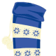 Blue-and-white striped Christmas stocking.