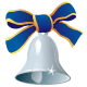 Silver bell with blue ribbon.