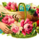 Vintage bird in a a flower basket Valentine flowers clip art