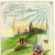 Vintage Easter card: Multi-colored pansies in front of a country church scene &quot;Easter tidings&quot;