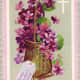 Easter flowers greeting card: Basket of violets with note &quot;Welcome Easter morn&quot;