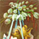 Easter card: Yellow baby chick in cracked pink Easter egg surrounded by pussy willows and other flowers