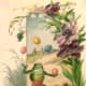 Vintage Easter greeting card: Frog juggling colored Easter eggs with yellow baby chicks and flowers "A happy Easter to you"