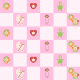 Free baby scrapbook paper: pink check with flowers, diaper pins, dolls, hearts and a baby girl in a carriage -- medium size