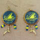Nautical Bottle Cap Earrings, Teal and Yellow Upcycled Shark, Dolphin