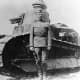 Patton led the evolution of the tank in the American Army, he's standing near his tank in the First World War. The American Army use French tanks in the First World War due to the fact the United States didn't have a tank in its arsenal.