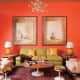 All Coral Wall Theme With Lime-Green Sofa &amp; A Touch of Yellow in the Lamp.