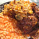 Swede and mashed potato pie served with baked beans.