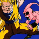 Majin Buu in pain from Son Goku's kick