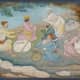 A group of Pahari travellers singing a folk song by the wayside, one of them beats the rhythm on a clay pot, while others clap and a man dances. Nainsukh.