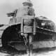 Patton at Bourg in France in 1918 with a Renault FT light tank. He was know in the First World War as a hard charging tank commander. He used his tanks as if it was a hores in the calavry.
