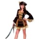 This Sassy Victorian Pirate Costume features a brown crushed velvet dress with sheer gold ruffle trim
