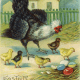 Vintage rooster with Easter eggs and baby chicks