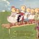 Vintage mother chicken leading her Easter chicks in song