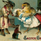 Vintage Easter greeting cards: Rabbit and chicken family with baby chick