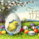 Yellow baby chick in a broken eggshell surrounded by colored Easter eggs