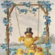 Vintage Easter chick in top hat in eggshell swing with baby chicks