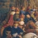 The panel of the Just Judges was stolen in 1934 and most of the photo's we have now are made of the copy painted during WO II by Jozef Vanderveken. Look closely at the fur hat of Jean Petit near the mouth of John the Fearless (judges in the centre of