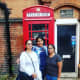 Near a big red phone booth