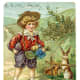 Vintage Easter card with little boy walking through countryside with Easter bunnies watching