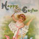 Vintage Easter greeting card: Little girl and two yellow Easter chicks