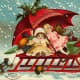 Free vintage Christmas cards: antique toys in a red sleigh