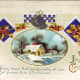 Free Victorian Christmas card with a house in the snow with a frozen pond and an ornate holly and bell border