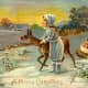 Victorian Christmas card with little girl and deer in the snow with a sleigh full of toys and fruit
