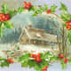 Victorian Christmas card with house in the snow and a holly border